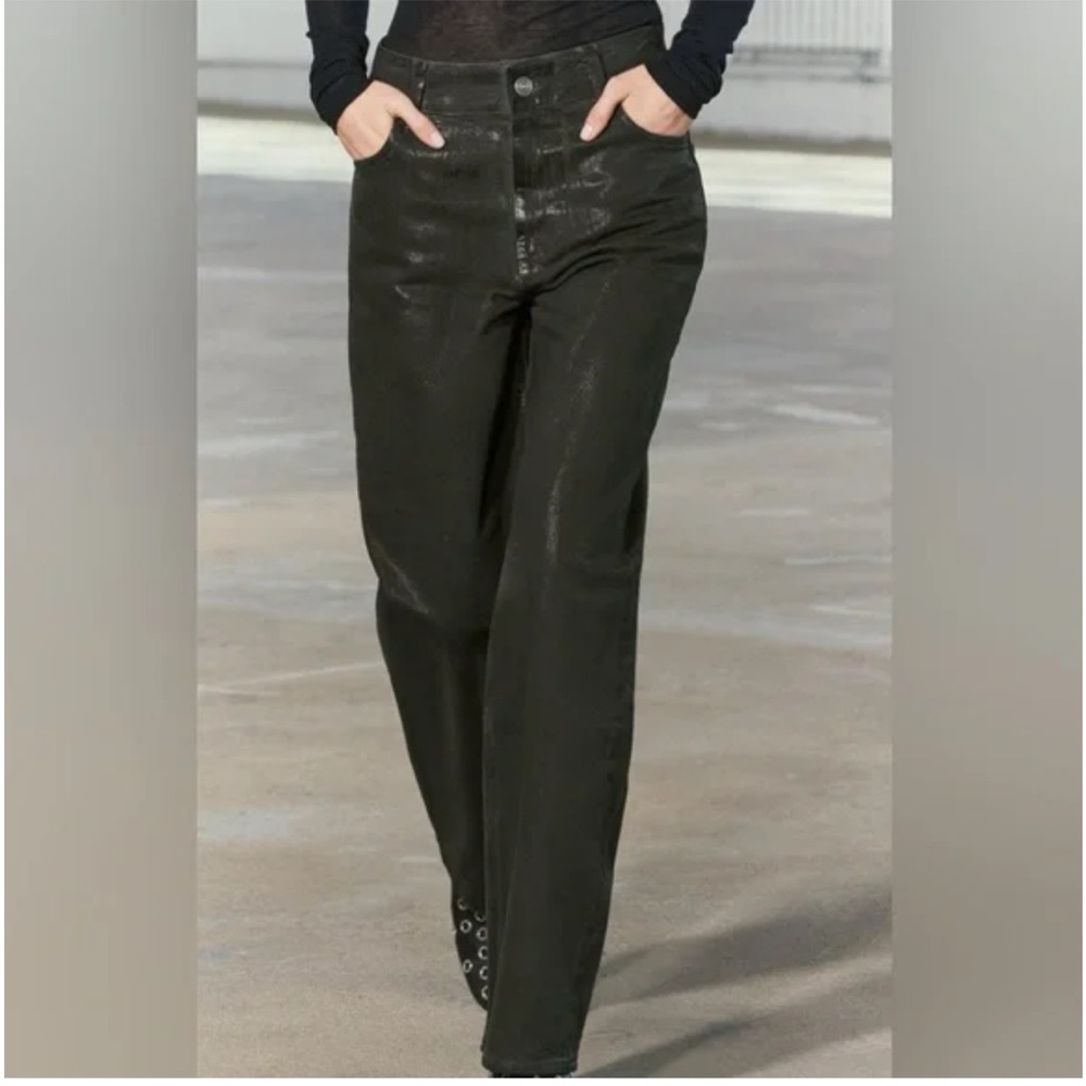 Zara The Relaxed Coated Jeans in Dark Green size 2 NWT